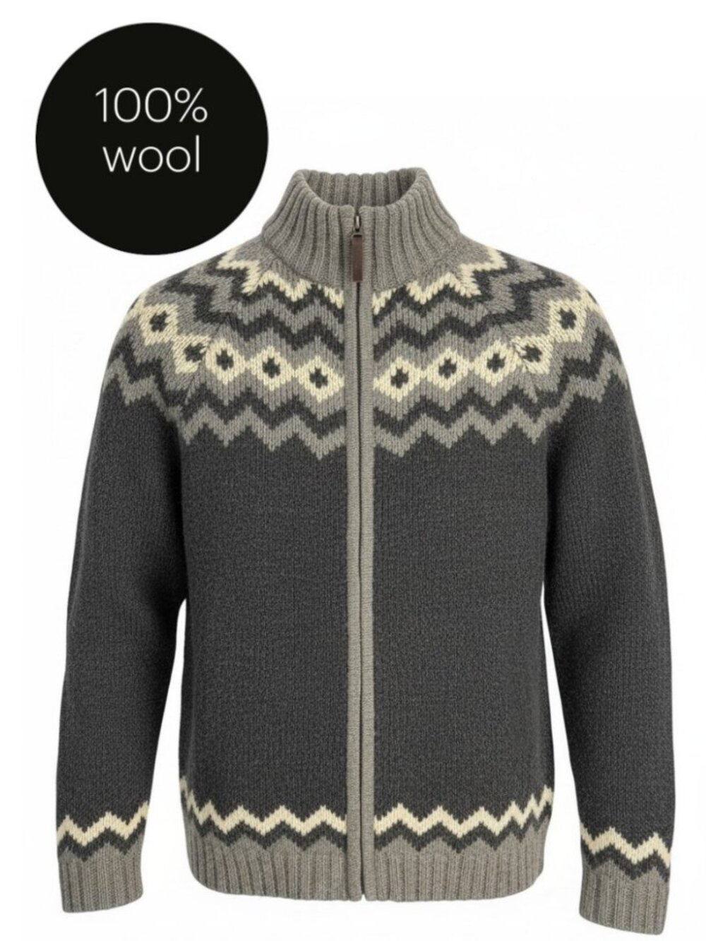 SIMONS LE 31 Grey Fair Isle Shetland Wool Full Zip Cardigan size L